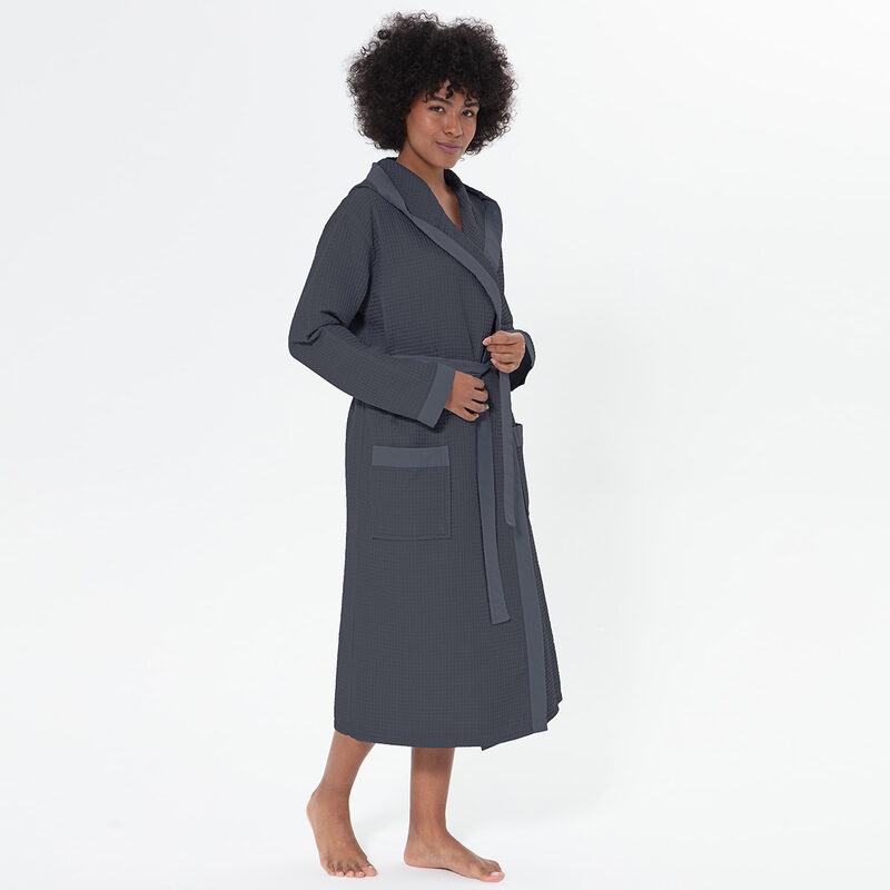 Women’s Charcoal Turkish Cotton Waffle Hooded Robe