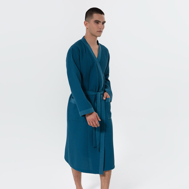 Men's Deep Aqua Blue Lightweight Kimono Waffle Spa Robe