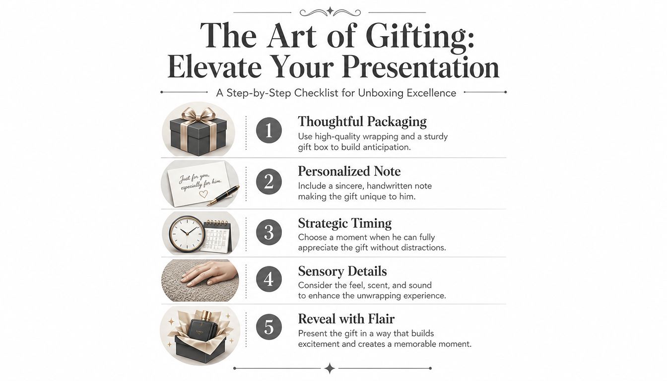 A five-step checklist infographic titled The Art of Gifting for elevating gift presentation to men.