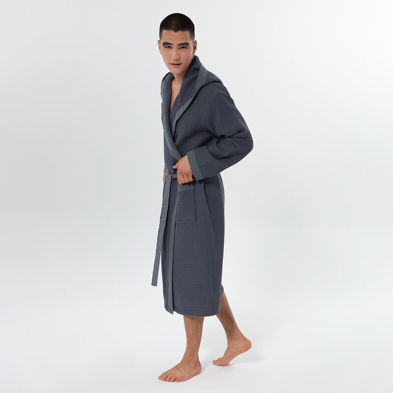 Men's Charcoal Hooded Turkish Cotton Waffle Robe