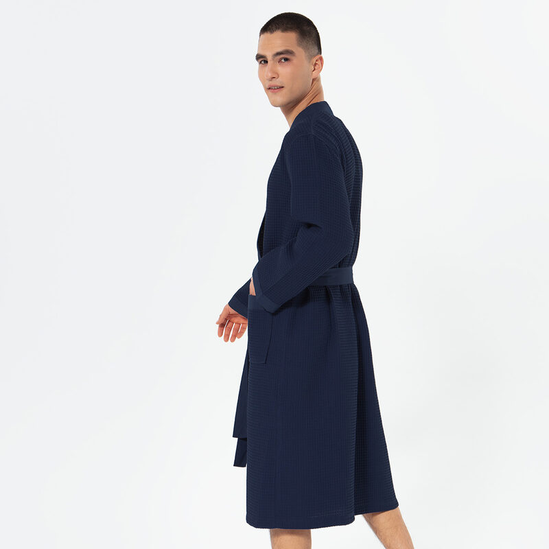 Men's Navy Lightweight Kimono Waffle Spa Robe