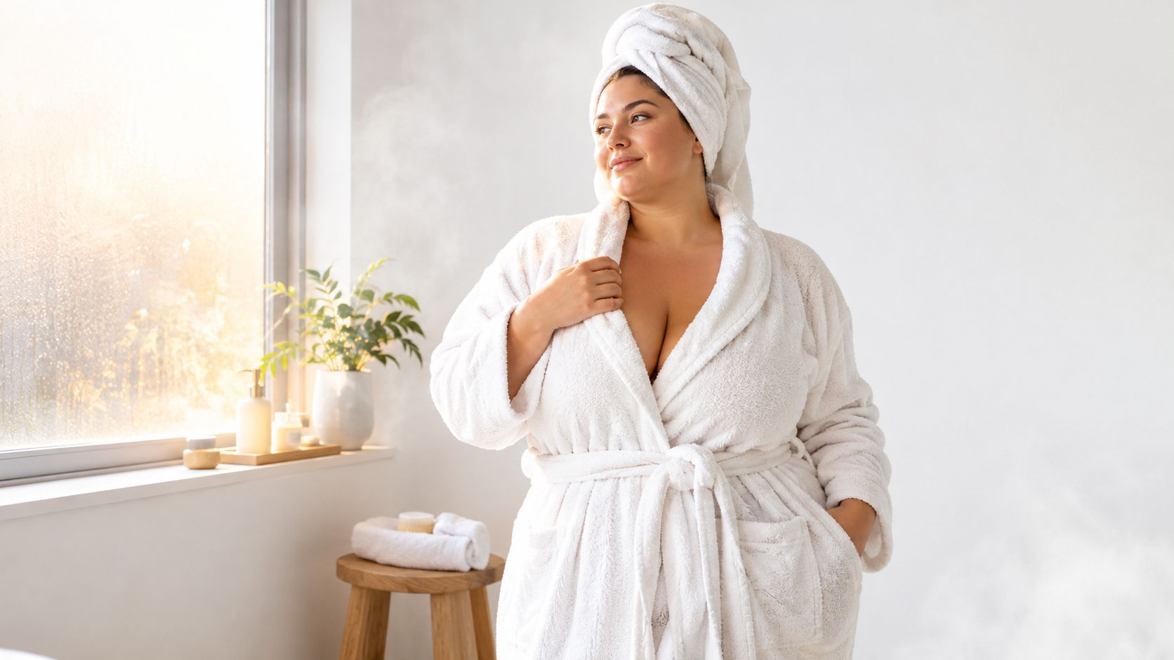 A plus size woman smiling while wearing a plush white terry cloth robe after taking a shower