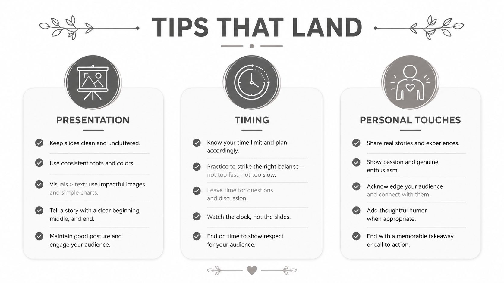 An infographic titled Tips That Land listing advice for presentation, timing, and adding personal touches to speeches.