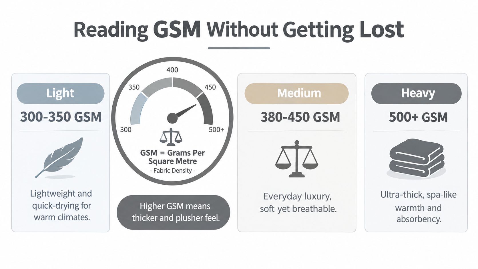 A chart explaining GSM fabric density with categories for light, medium, and heavy weight towels.