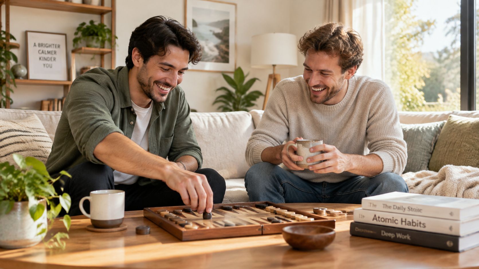 Two male friends laughing and playing a backgammon board game in a cozy sunlit living room