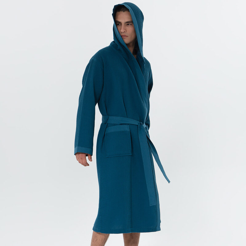 Men's Deep Aqua Blue Hooded Turkish Cotton Waffle Robe