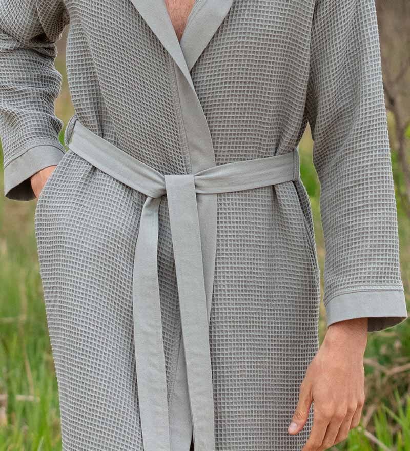 Men's Gray Hooded Turkish Cotton Waffle Robe