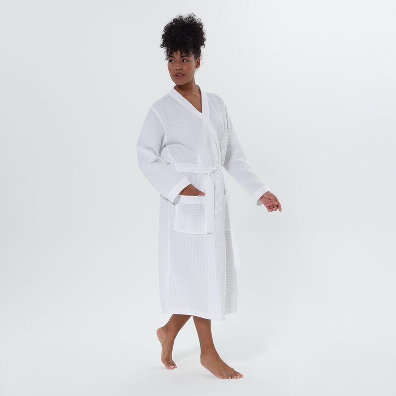 Women’s White Lightweight Waffle Spa Robe with Shawl Collar