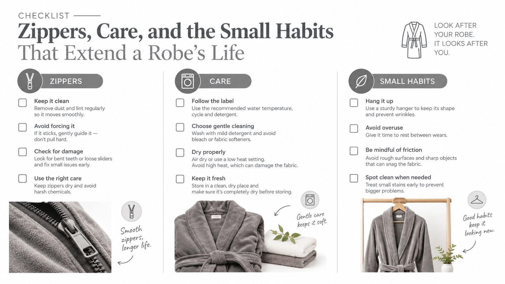 An infographic checklist offering tips for maintaining hooded zipper bathrobes to ensure long-lasting quality and freshness.