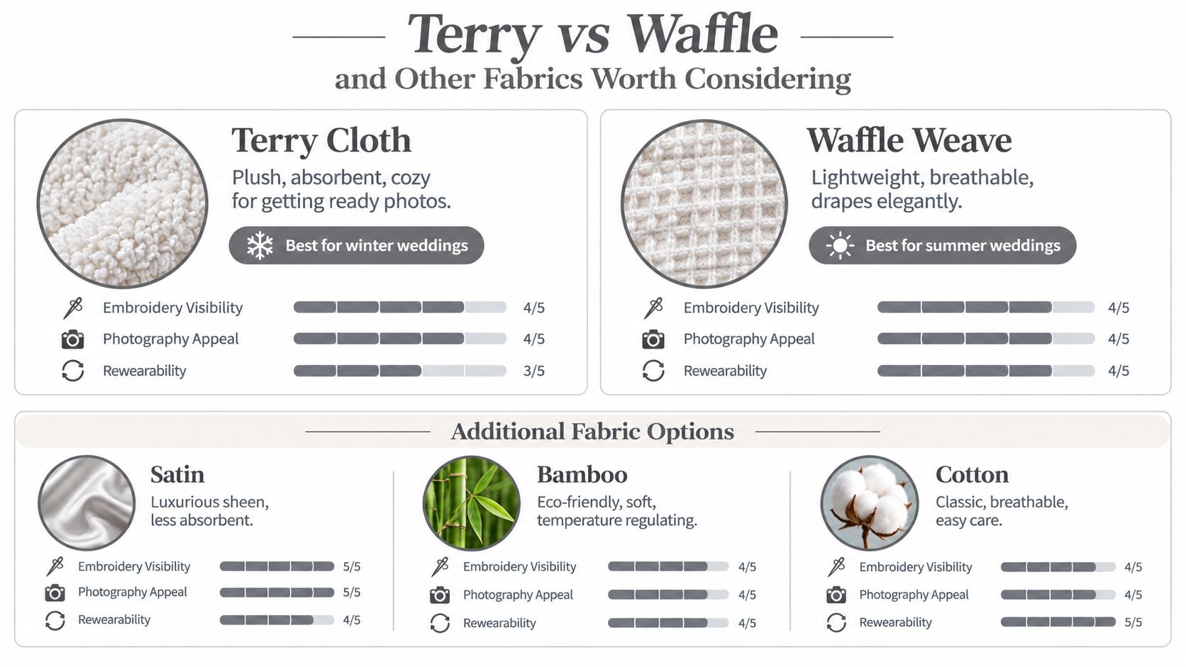 A comparison chart of different fabric types for bridal robes including terry cloth, waffle, satin, bamboo, and cotton.