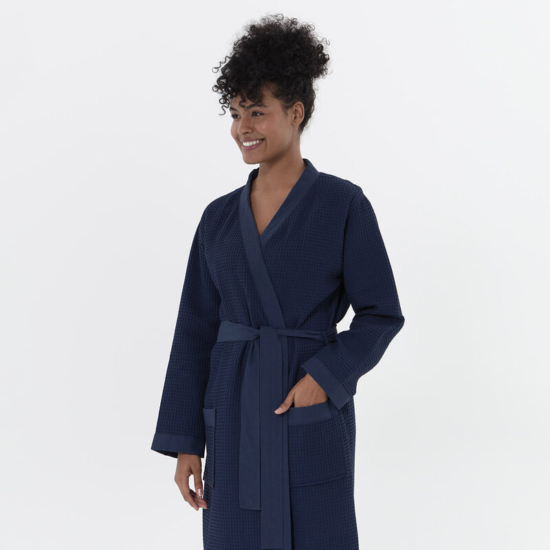 Women’s Navy Lightweight Kimono Waffle Spa Robe