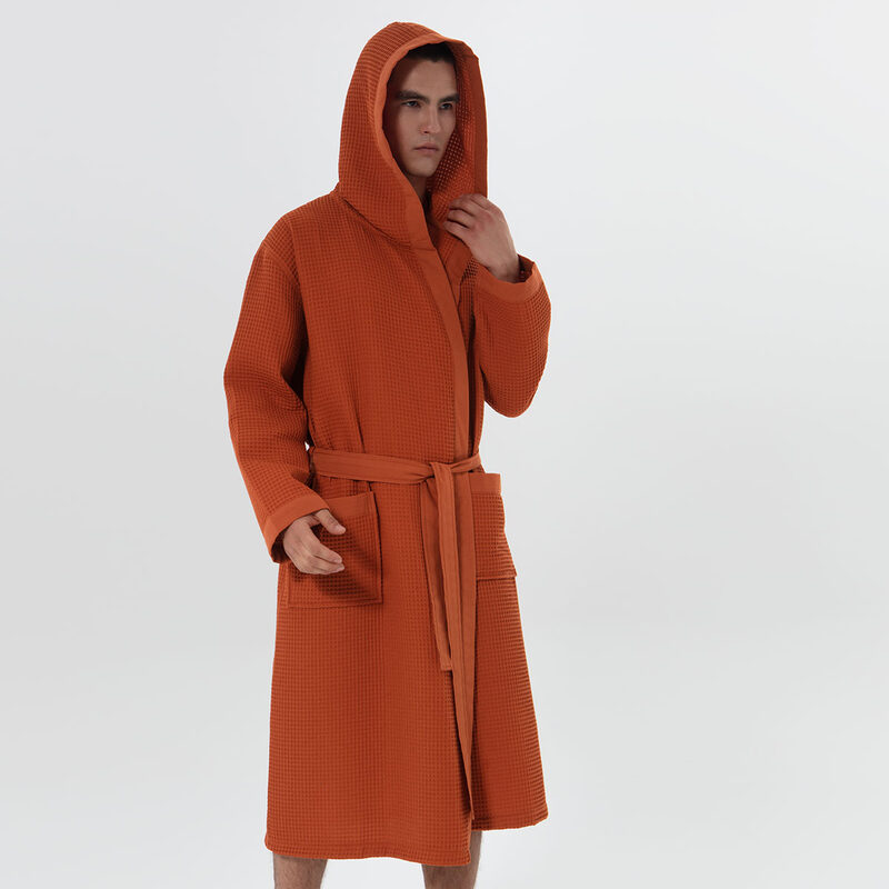 Men's Terra Cotta Hooded Turkish Cotton Waffle Robe
