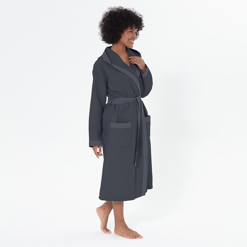 Women’s Charcoal Turkish Cotton Waffle Hooded Robe