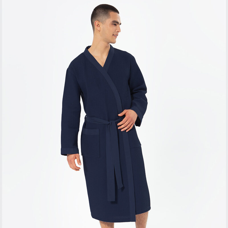 Men's Navy Lightweight Kimono Waffle Spa Robe