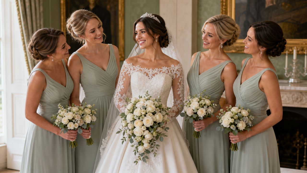 A beautiful bride in a white wedding gown holding flowers with four bridesmaids in matching green dresses.