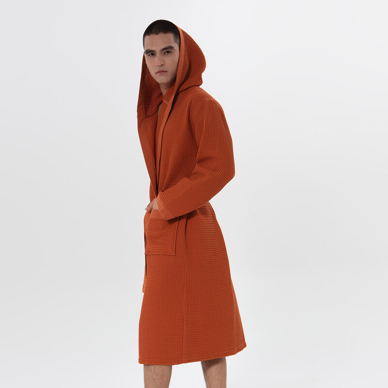 Men's Terra Cotta Hooded Turkish Cotton Waffle Robe