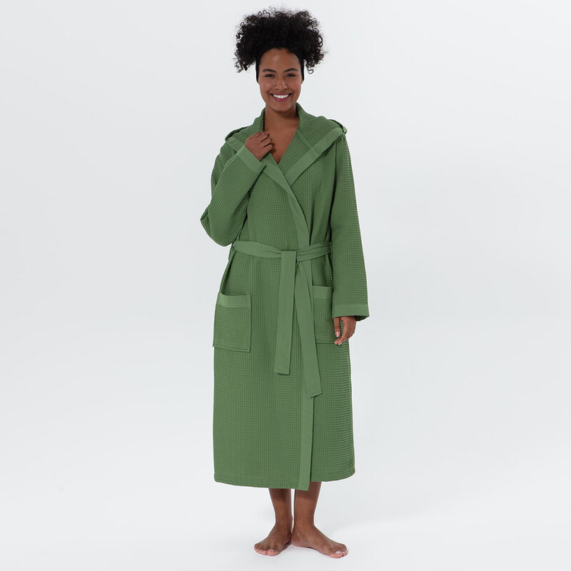Women’s Green Turkish Cotton Waffle Hooded Robe