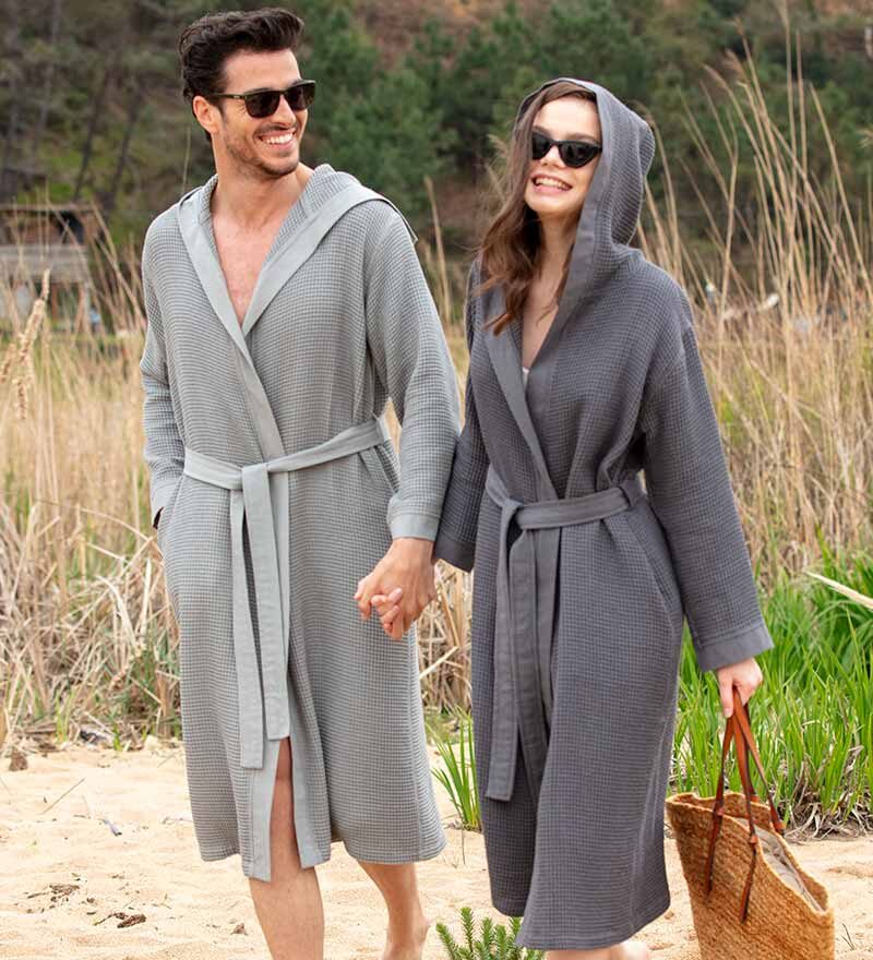 Men's Gray Hooded Turkish Cotton Waffle Robe