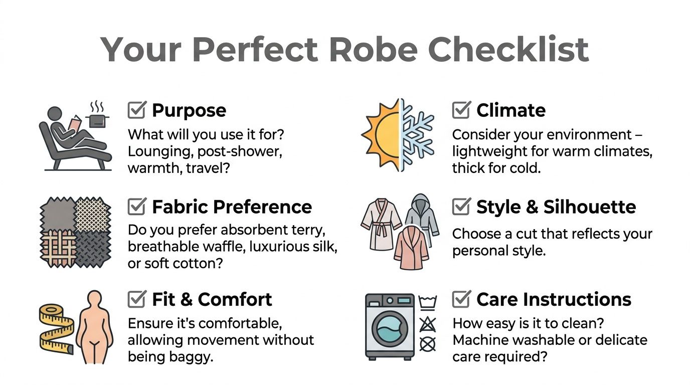 A checklist graphic titled Your Perfect Robe Checklist providing six key considerations when buying a bathrobe.