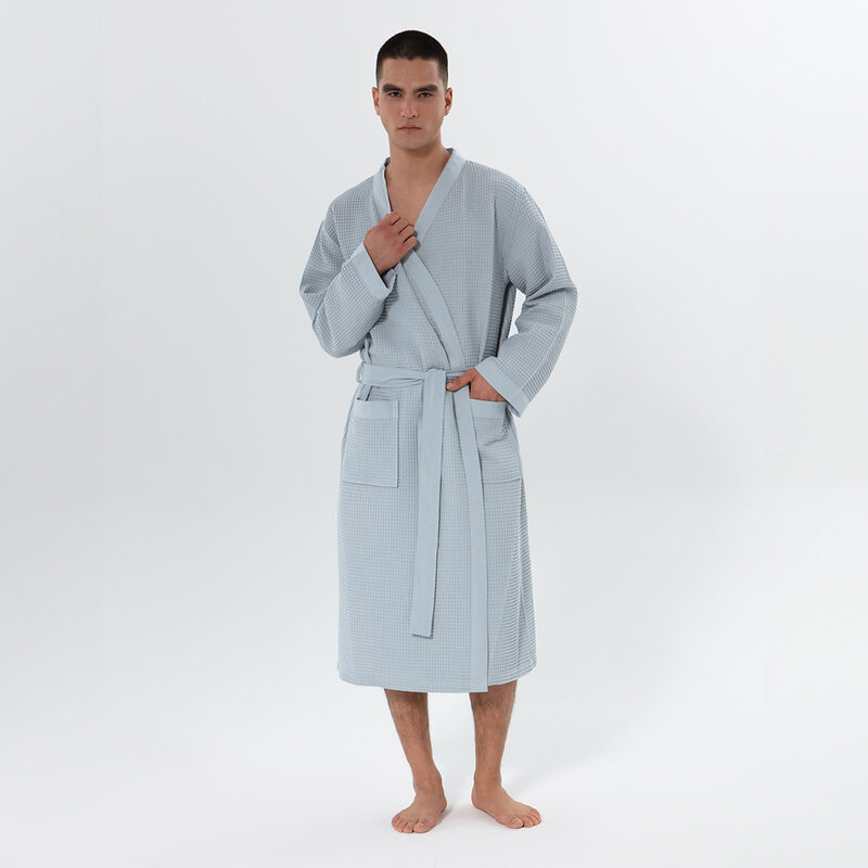 Men's Blue Gray Lightweight Kimono Waffle Spa Robe