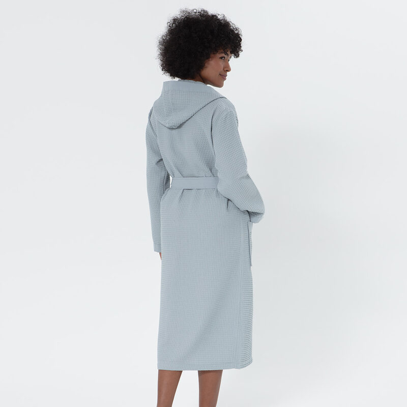 Women’s Blue Gray Turkish Cotton Waffle Hooded Robe