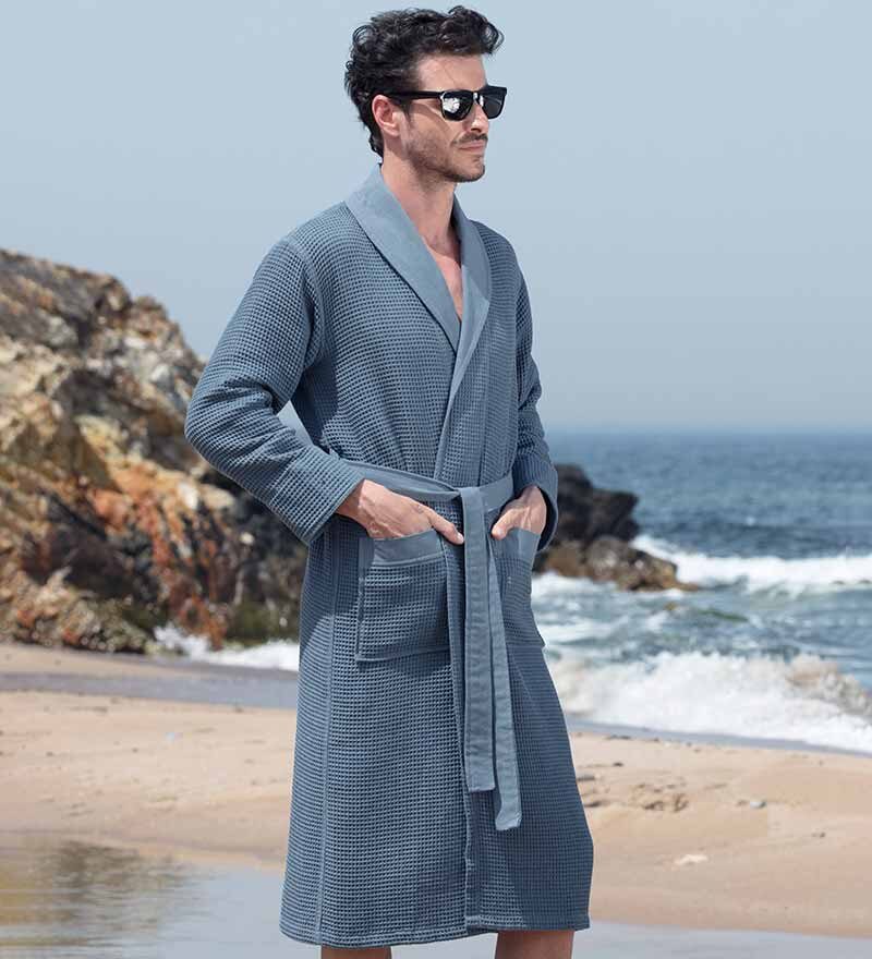 Men’s Indigo Blue Lightweight Waffle Spa Robe with Shawl Collar