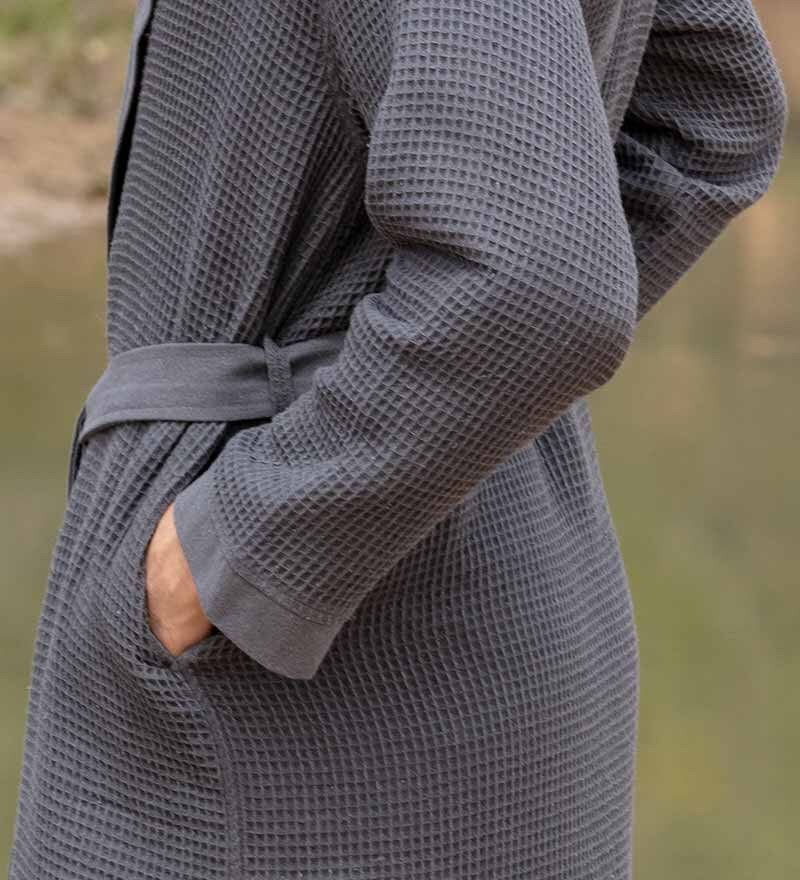 Men's Charcoal Hooded Turkish Cotton Waffle Robe - Clearance Sale