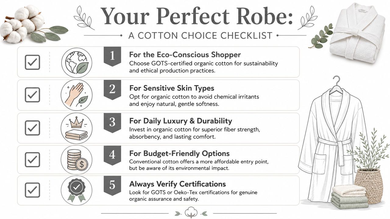 A checklist infographic titled Your Perfect Robe explaining the benefits and considerations of choosing organic versus conventional cotton.