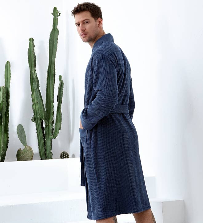 Men's Navy Organic Turkish Terry Cloth Kimono Bathrobe