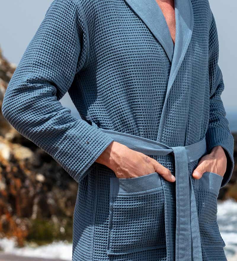 Men’s Indigo Blue Lightweight Waffle Spa Robe with Shawl Collar