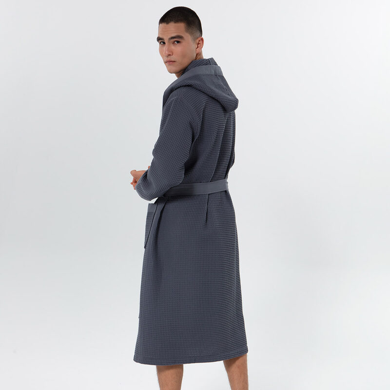 Men's Charcoal Hooded Turkish Cotton Waffle Robe
