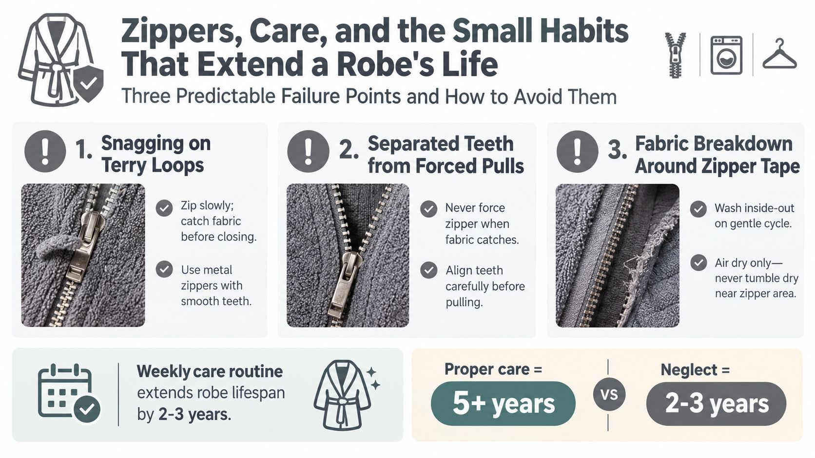 An infographic titled Zippers, Care, and the Small Habits That Extend a Robe's Life with three tips.
