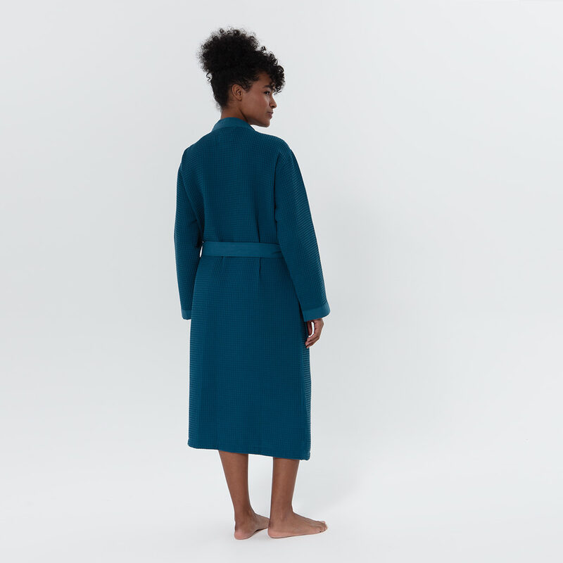 Women’s Deep Aqua Blue Lightweight Kimono Waffle Spa Robe
