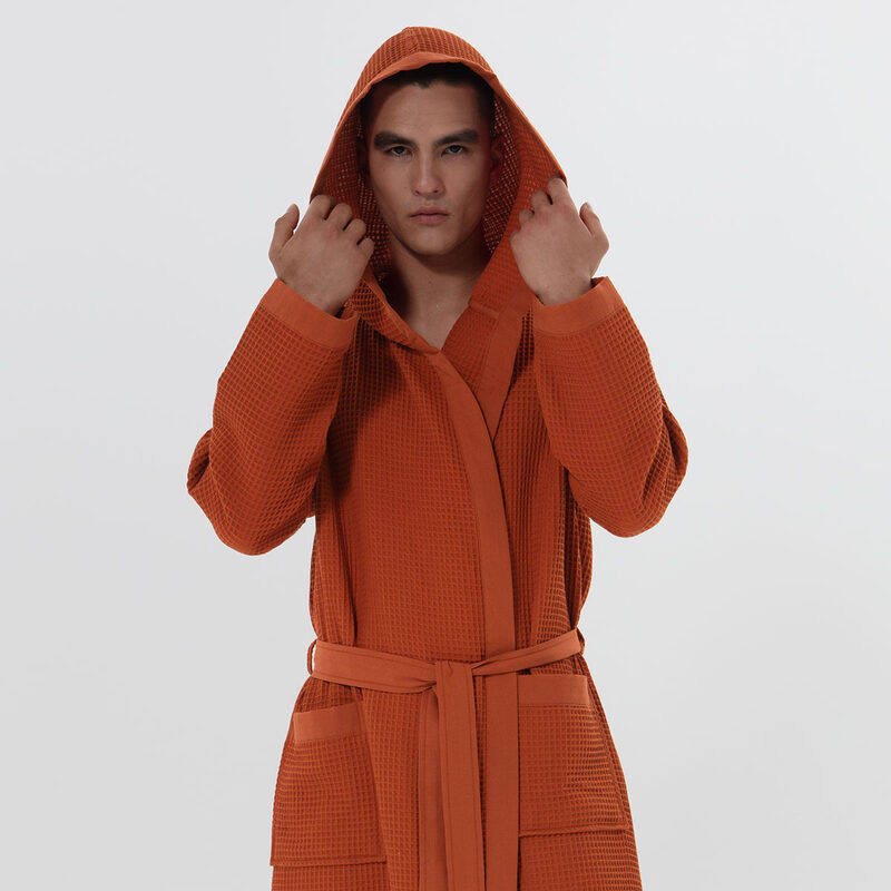 Men's Terra Cotta Hooded Turkish Cotton Waffle Robe