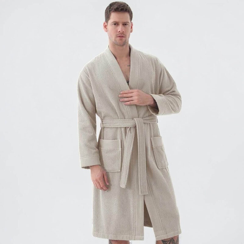Men's Stone Beige Organic Turkish Terry Cloth Kimono Bathrobe
