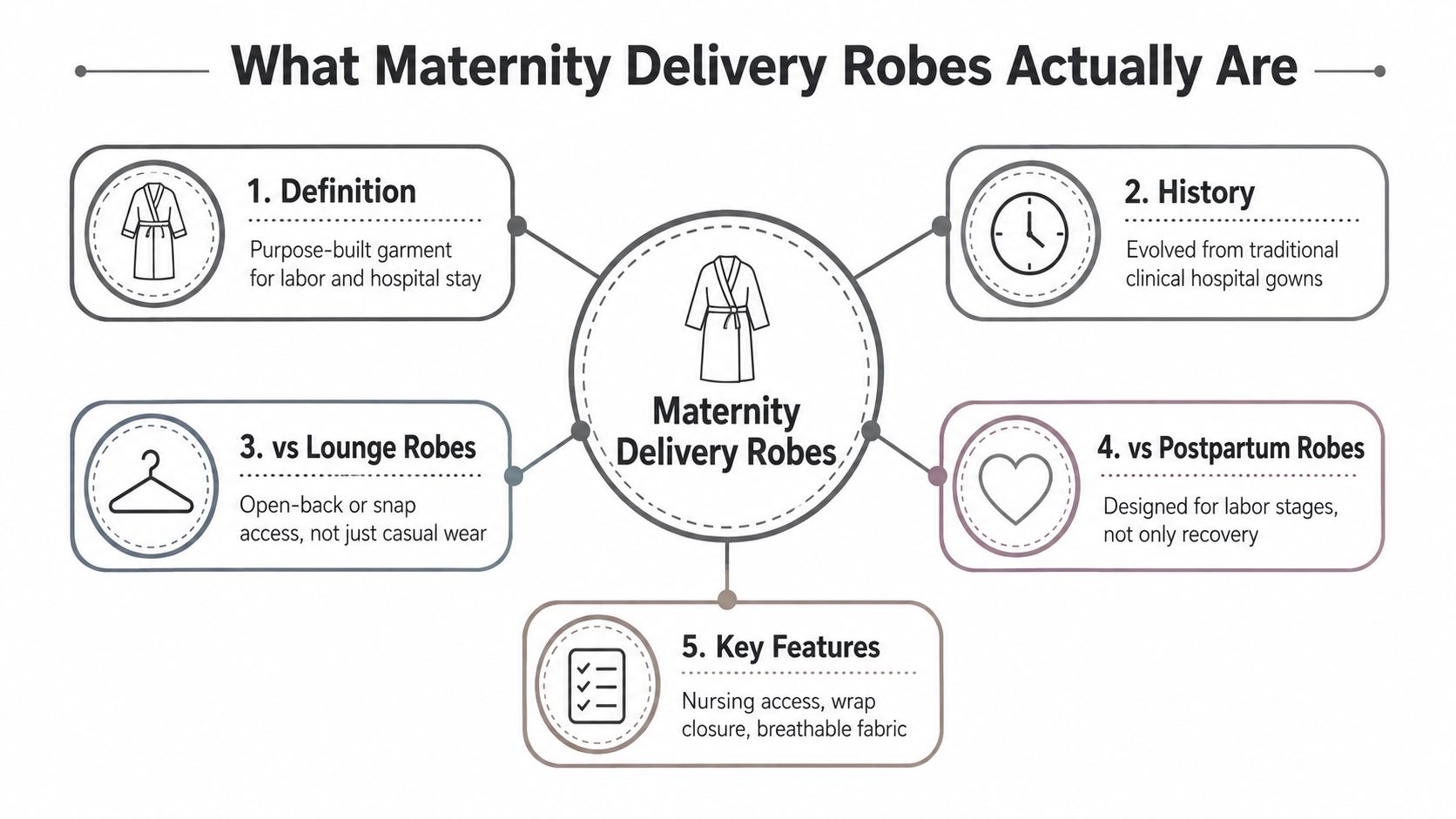 An infographic titled What Maternity Delivery Robes Actually Are, detailing their definition, history, and key features.