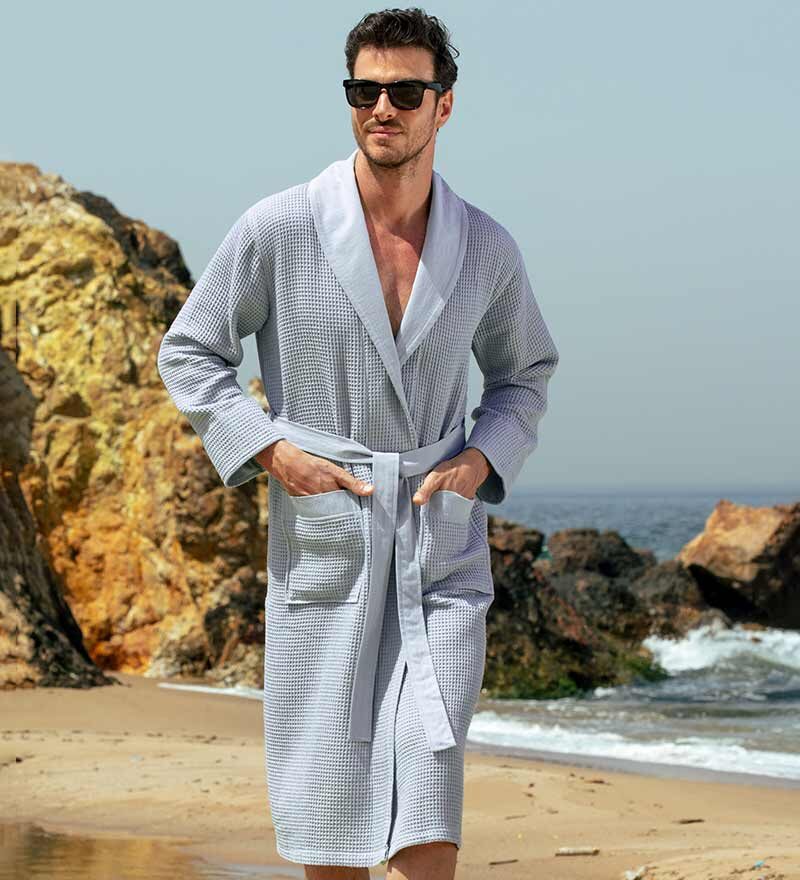 Men's Blue Gray Lightweight Waffle Spa Robe with Shawl Collar