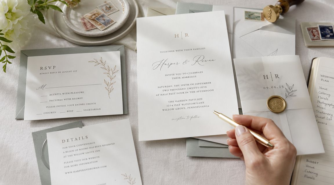 Elegant wedding invitation suite with cards, wax seals, and a hand holding a pen on a table.