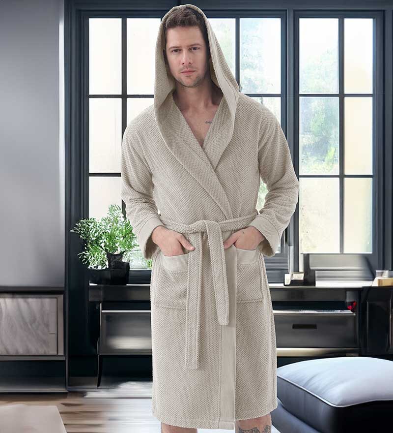 Men's Stone Beige Luxury Turkish Cotton Terry Cloth Robe with Hood
