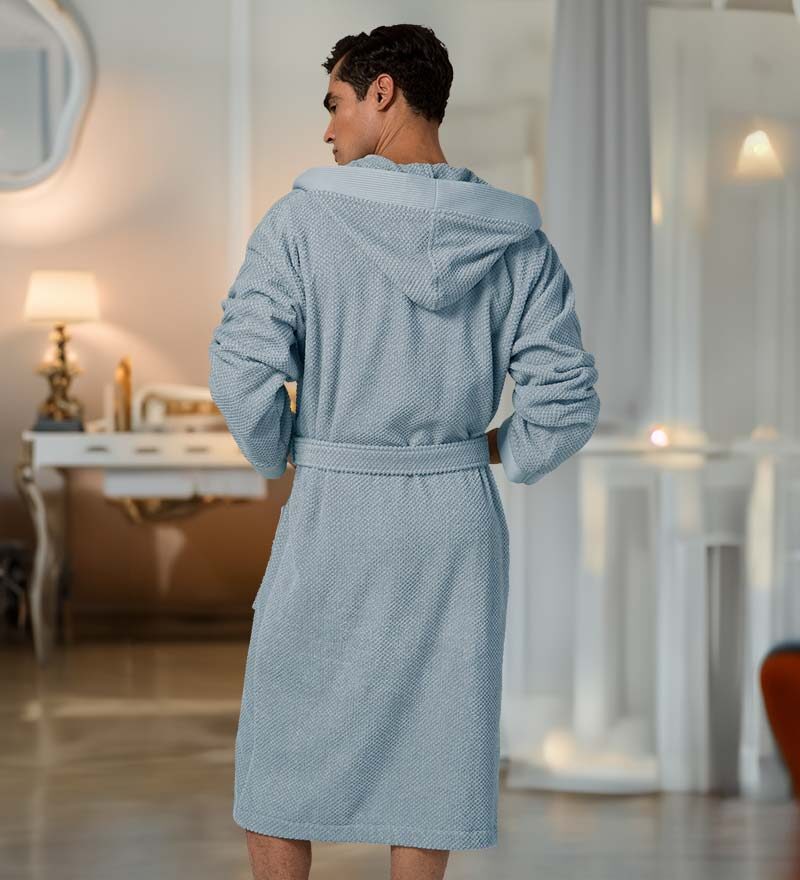Men's Blue Gray Luxury Turkish Cotton Terry Cloth Robe with Hood