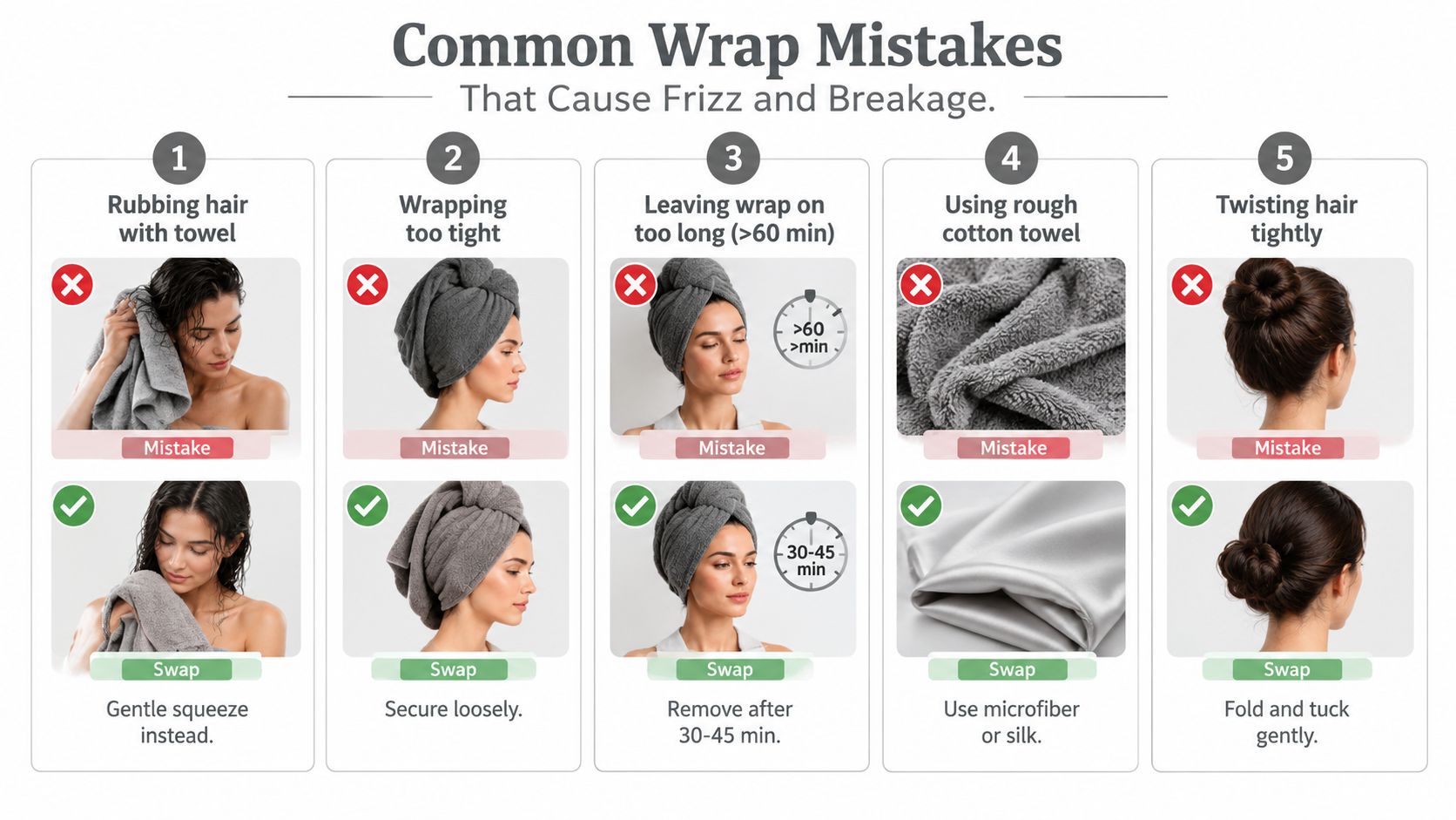 An infographic illustrating five common hair care mistakes to avoid when using a towel wrap after showering.