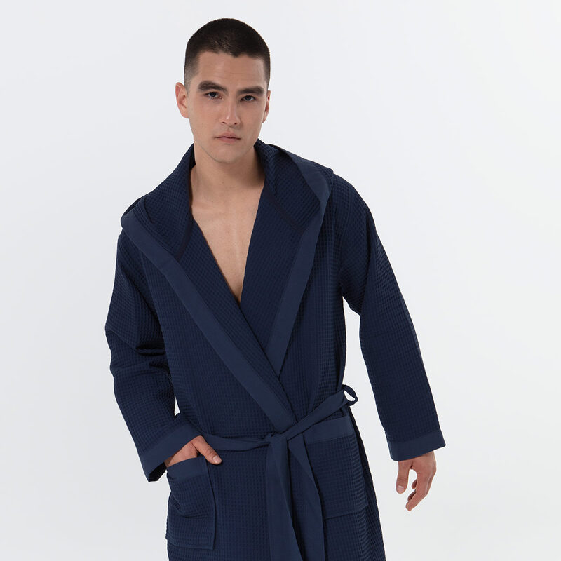 Men's Navy Hooded Turkish Cotton Waffle Robe