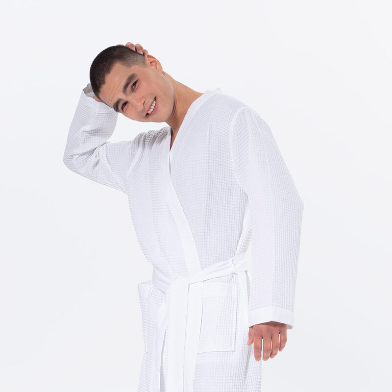 Men’s White Lightweight Kimono Waffle Spa Robe