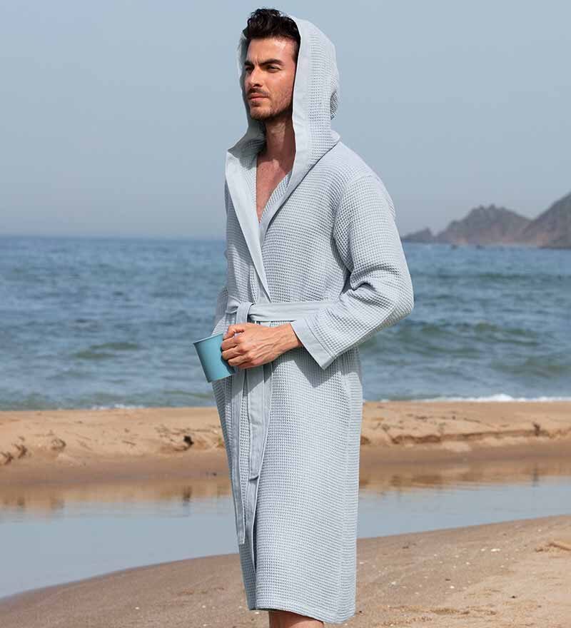 Men's Blue Gray Hooded Turkish Cotton Waffle Robe - Clearance Sale