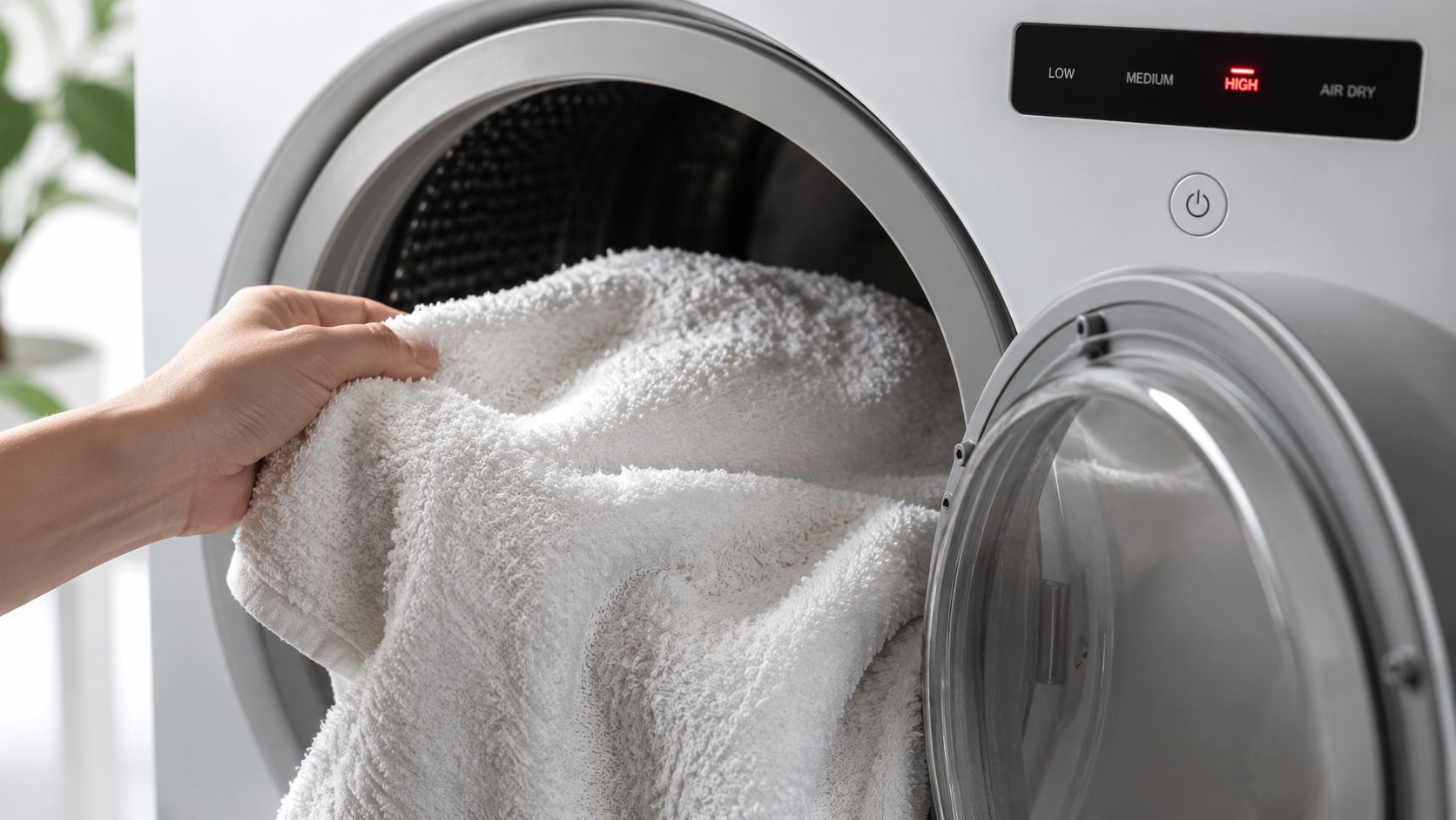 A close-up view of a person putting a fluffy white towel into a laundry dryer machine.