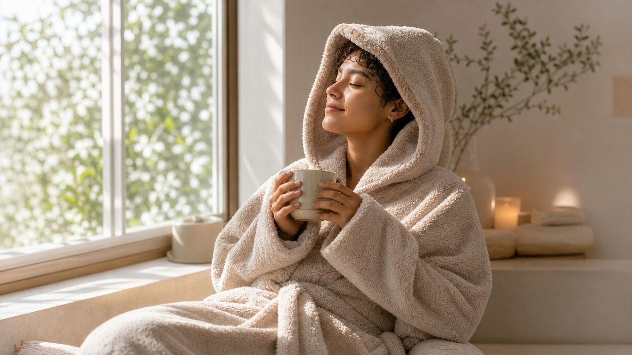 A woman wearing a cozy plush robe sits by a window enjoying a warm mug of tea.