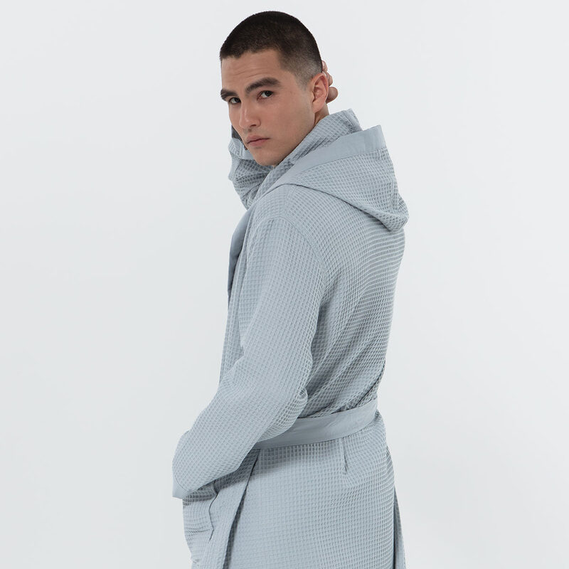 Men's Blue Gray Hooded Turkish Cotton Waffle Robe