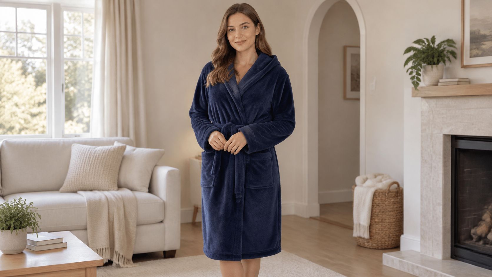 A smiling woman wearing a soft navy blue fleece hooded robe in a cozy living room setting.