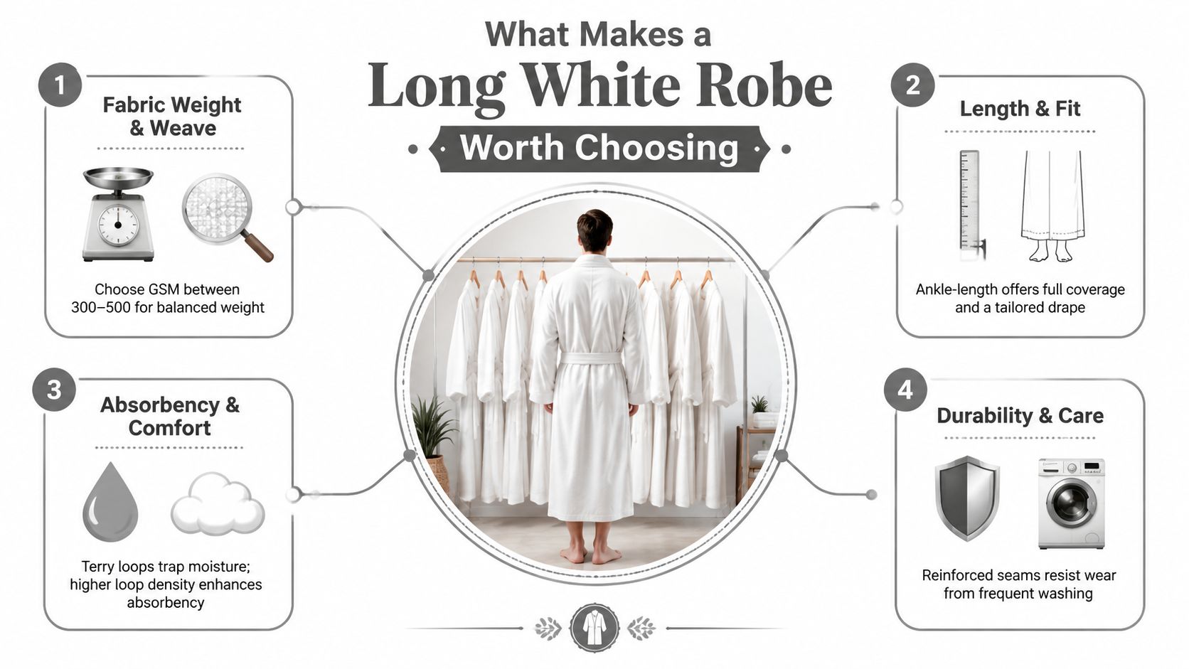 An infographic detailing four key factors for choosing a high-quality long white robe for comfort and durability.
