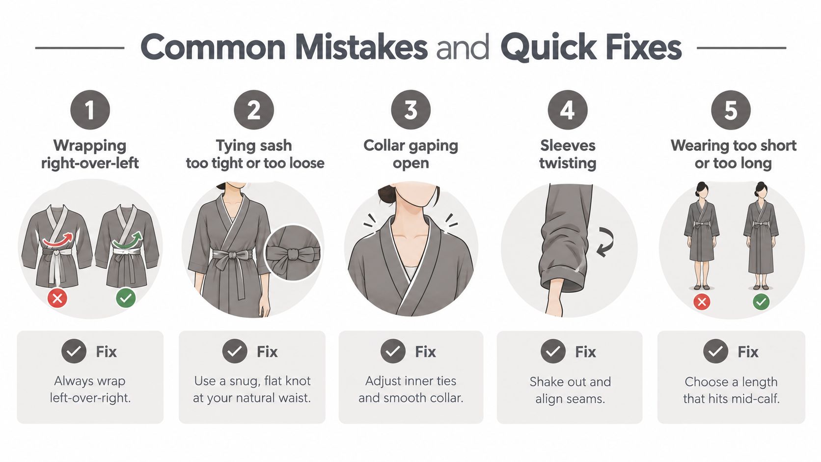 An infographic showing five common mistakes and quick fixes for properly wearing a traditional kimono robe.